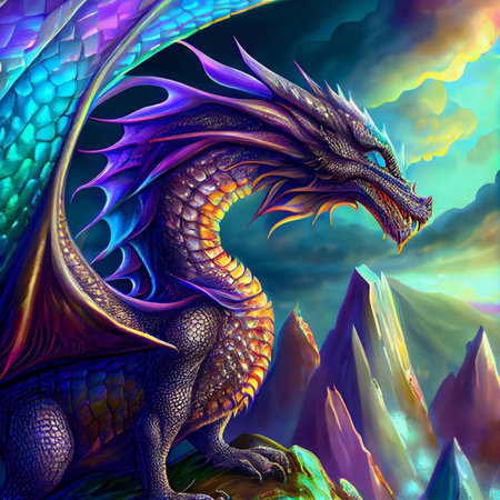 3D rendering of a fantasy dragon against a background of mountains.の素材