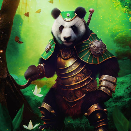 Panda warrior in green armor and hat with a sword in his handの素材
