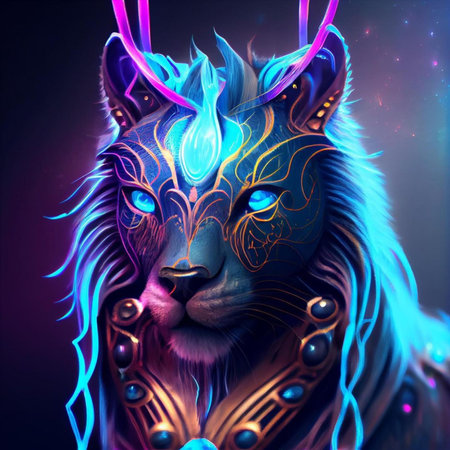Neon portrait of a lioness with a pattern on her body.の素材