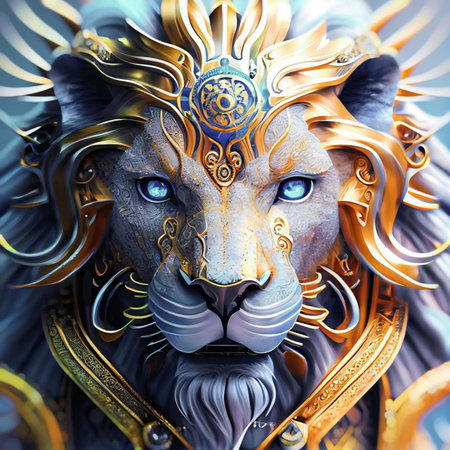 3D rendering of a fantasy lion with blue eyes. Fantasy design.の素材