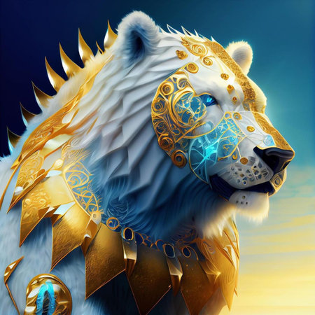 Lion with golden crown on blue sky background. 3D renderingの素材
