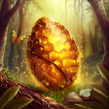 Easter egg in the forest. 3D illustration. Fantasy.の素材
