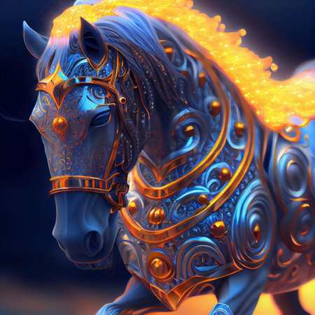 Horse with golden ornament. 3D rendering, 3d illustration.の素材