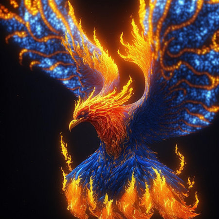 3d rendering of a golden eagle in fire flames on a black backgroundの素材