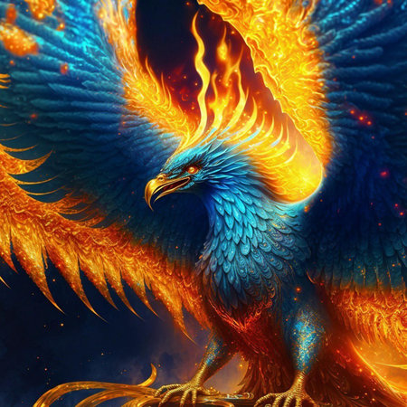 3D rendering of an abstract fractal background with a blue eagleの素材
