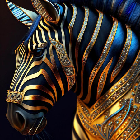 3D rendering of a zebra with golden and blue skin.の素材