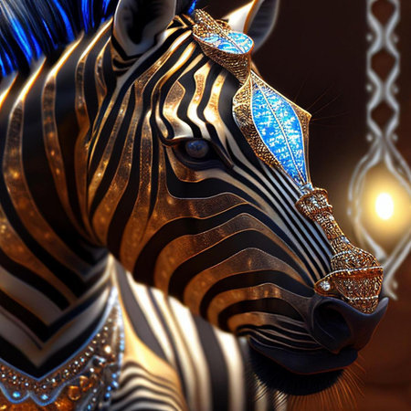 3d rendering of a zebra head with golden and black patternsの素材
