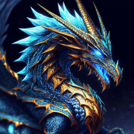 3D rendering of a fantasy dragon with blue and yellow elements isolated on black backgroundの素材