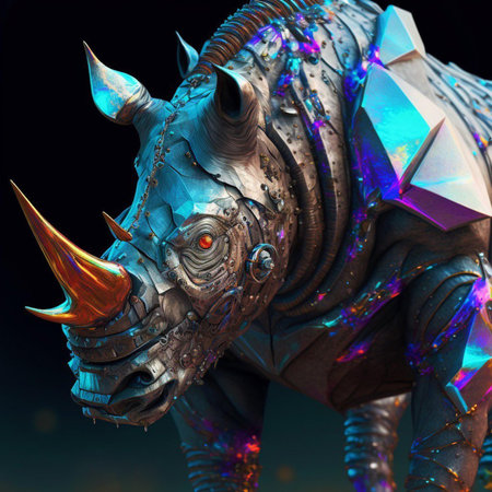 3D rendering of a fantasy rhinoceros isolated on black backgroundの素材