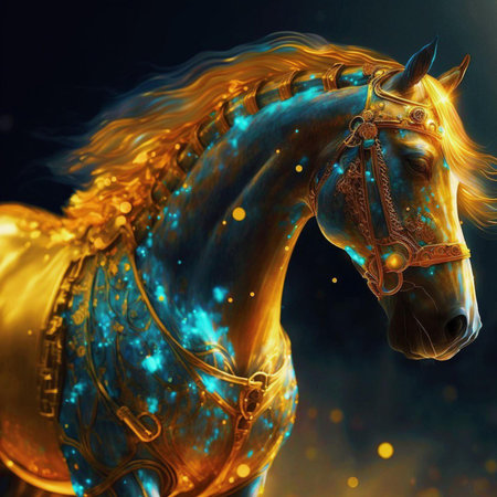 Fantasy horse with golden mane in the fire. 3D renderingの素材
