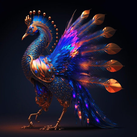 3d rendering of a peacock with feathers and gems on a black backgroundの素材