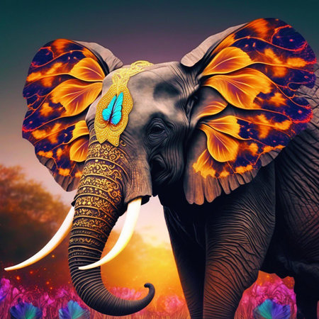 Elephant in the field of flowers. Digital painting. 3D illustration.の素材