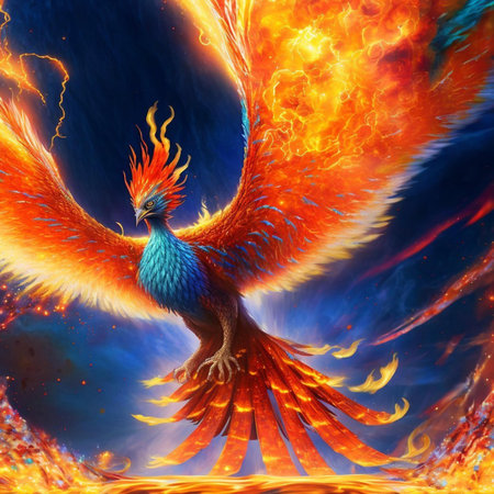 3D rendering of a colorful peacock with fire and flames.の素材