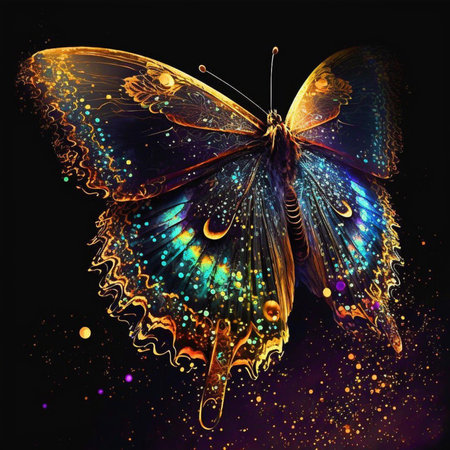 Beautiful butterfly, isolated on black background. Psychedelic painting.の素材