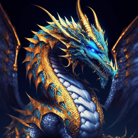 3D rendering of a fantasy dragon with yellow and blue feathers isolated on black backgroundの素材