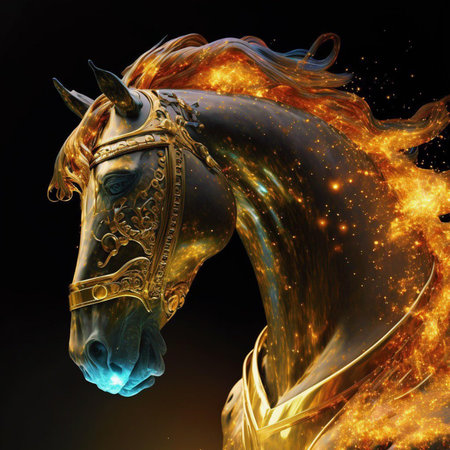 Fantasy horse with fire on a black background. 3d renderingの素材
