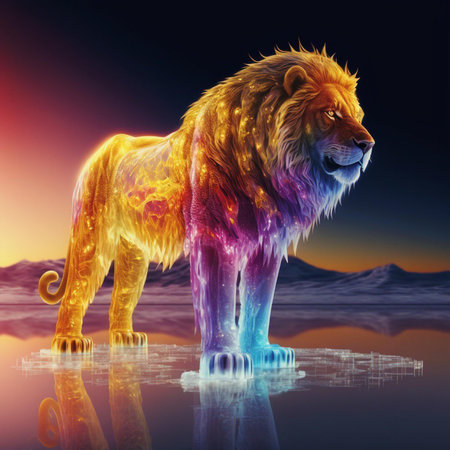 Lion on the background of the sunset. This is a computer generated and 3d rendered picture.の素材