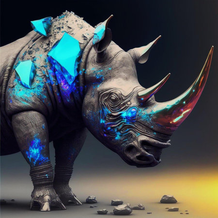 Rhinoceros with blue and white background. 3d renderingの素材