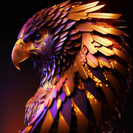 3D rendering of an abstract fractal composition with a golden eagleの素材