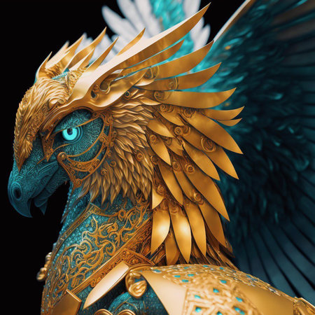 3D illustration of a fantasy dragon with wings and golden armor.の素材