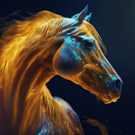 3d rendering of a fantasy horse with golden mane. Digital art painting.の素材