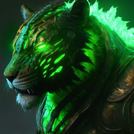 3d rendering of a tiger in a green armor on a dark backgroundの素材