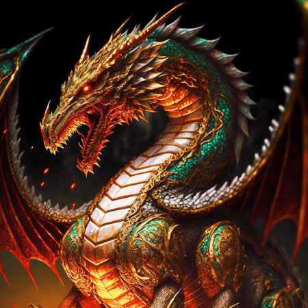 3D rendering of a fantasy dragon with a golden body and a black backgroundの素材