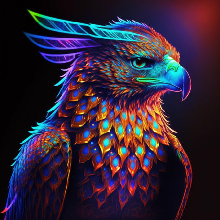 Eagle head with feathers on black background. 3d illustration.の素材
