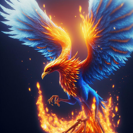 3D rendering of an eagle in the flames of a fire.の素材