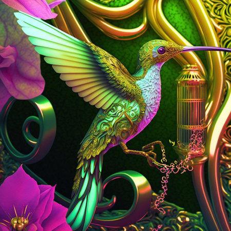3D illustration of a hummingbird with a flower in the backgroundの素材