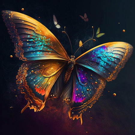 Butterfly with abstract colorful background. Digital painting. 3D rendering.の素材