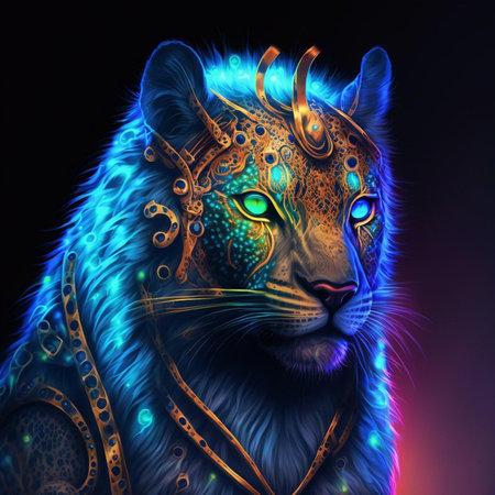 Neon leopard. 3D illustration of a tiger with a golden pattern.の素材