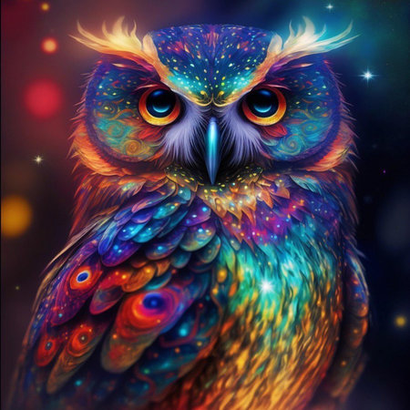 illustration of a beautiful colorful owl on a background of the night skyの素材