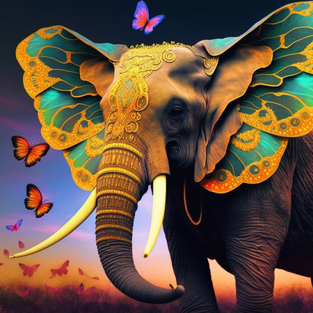Elephant with butterflies on the background of nature. Digital painting.の素材