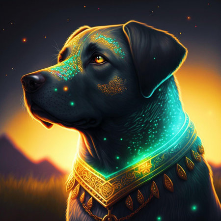 Labrador Retriever with golden collar in front of sunset backgroundの素材