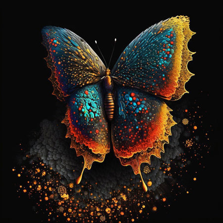 3D rendering of a colorful butterfly isolated on a black background.の素材
