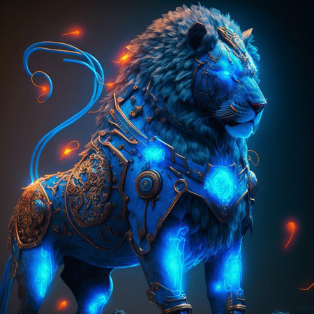 Lion in armor on a dark background. 3D rendering.の素材