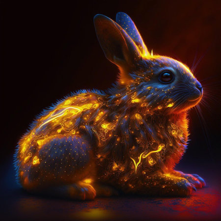 3d rendering of a golden rabbit with fire on a black backgroundの素材