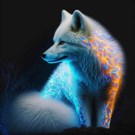 Digital painting of an arctic fox on a black background with blue lightの素材