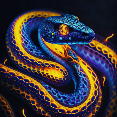 3D Illustration of a Dark Blue Snake with Orange and Yellow Flamesの素材