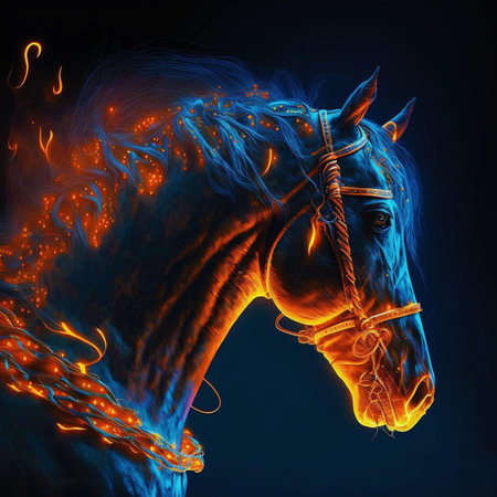 Fantasy portrait of a beautiful horse in fire. 3D renderingの素材