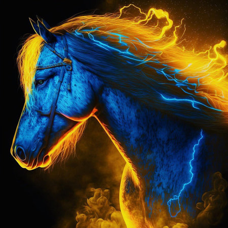 Horse in fire with lightning effect on black background. Fantasy illustrationの素材