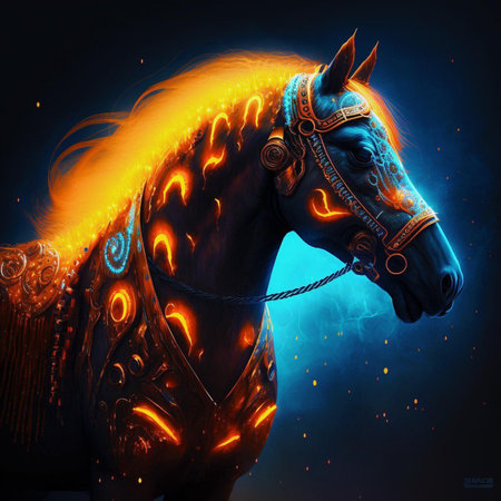 Digital illustration of a horse head with fire flames in the background.の素材