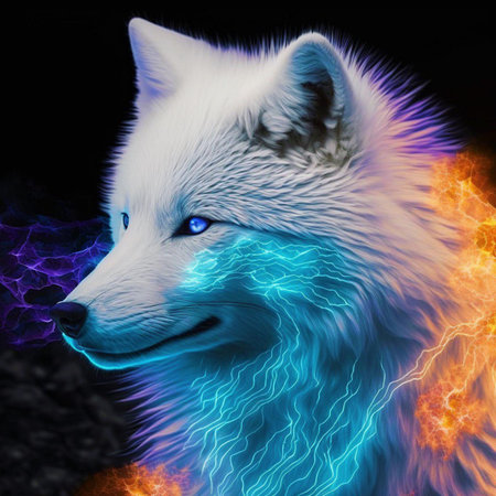 Portrait of a white fox with a blue flame in the backgroundの素材