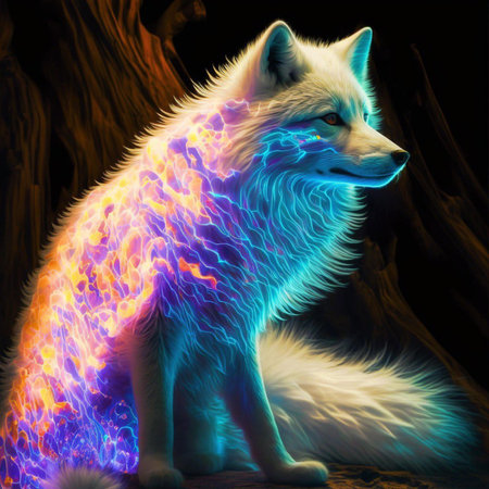 Portrait of a white fox with multicolored lights on a black backgroundの素材