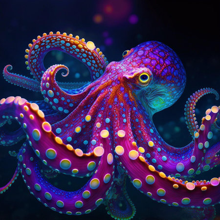 Colorful octopus on a dark background. 3D illustration.の素材