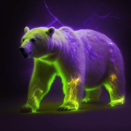 3D rendering of a polar bear on a dark background with lightningの素材
