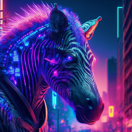 Futuristic zebra with neon lights. 3D rendering.の素材