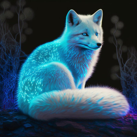 Illustration of a white fox sitting on a rock in the forestの素材