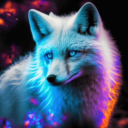 Portrait of a fox with blue eyes in the night forest.の素材